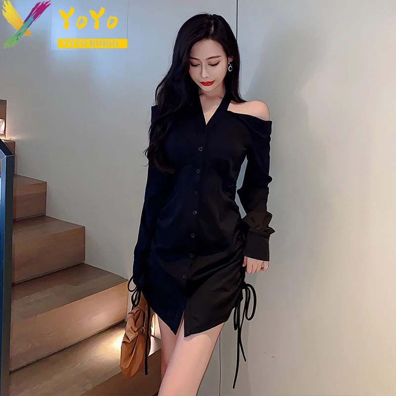 

2024 Black V-neck Off-the-shoulder Hanging Neck Long Sleeve Drawstring Shirt Dress Slim Bodycon Women's Sexy Nightclub Dress