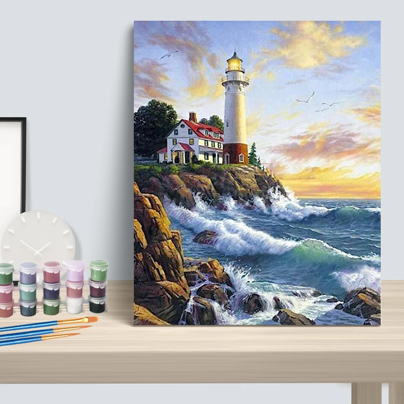 Seaside PAINT by NUMBERS Kit for Adult & Kids, Sea Waves Beach DIY