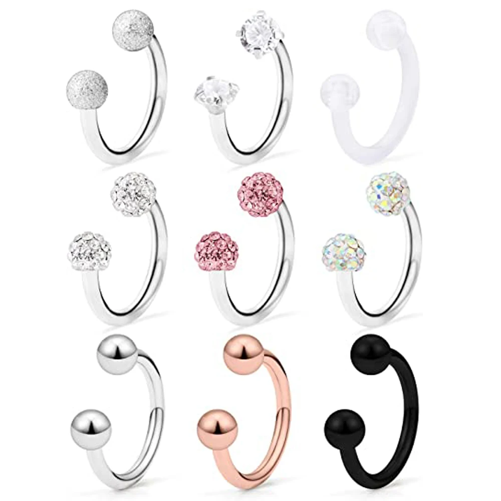 1/9PCS Surgical Steel Lip Hoop Ring Crystal Cubic Horseshoe Barbell Tragus Cartilage Earring Helix Daith Septum Piercing