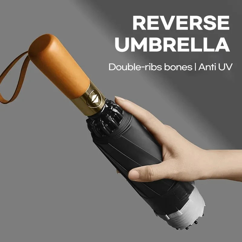 

Automatic Reverse Umbrella for Men Women UV Protection Wooden Handle Sun Umbrella Windproof Strong 10K Folding Umbrella Parasol