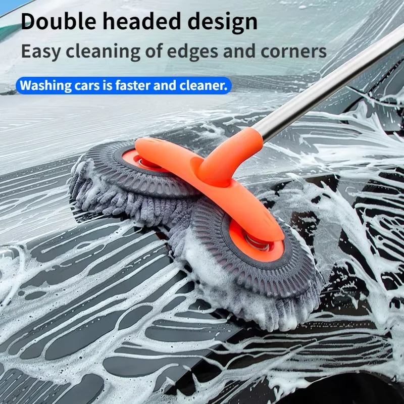 Three-Section Telescopic Mop Roof Window Cleaning Maintenance Accessories Rotating Double Brush Head Car Wash Mop Auto Supplies
