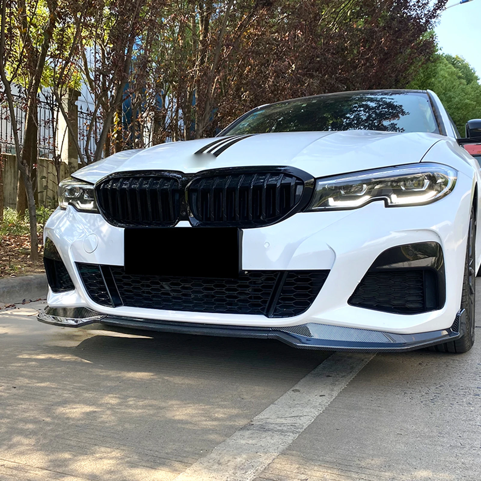 카본 파이버 룩/글로스 블랙 프론트 범퍼 스포일러 립 로워 스플리터 가드 (BMW 3 시리즈 G20 M 팩 스포츠 320i 330i 2019-22년식)