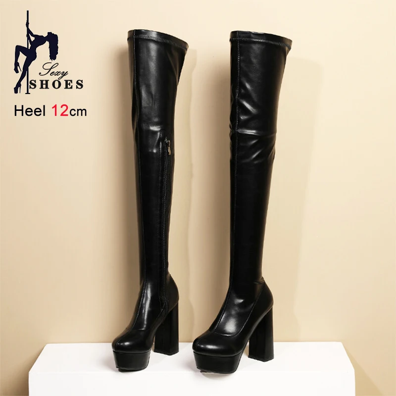 Female Thigh Boots Stretch Leather 12CM Square Heel Platform Boots For Women's Over-the-Knee Europe and America Lareg Size Shoes