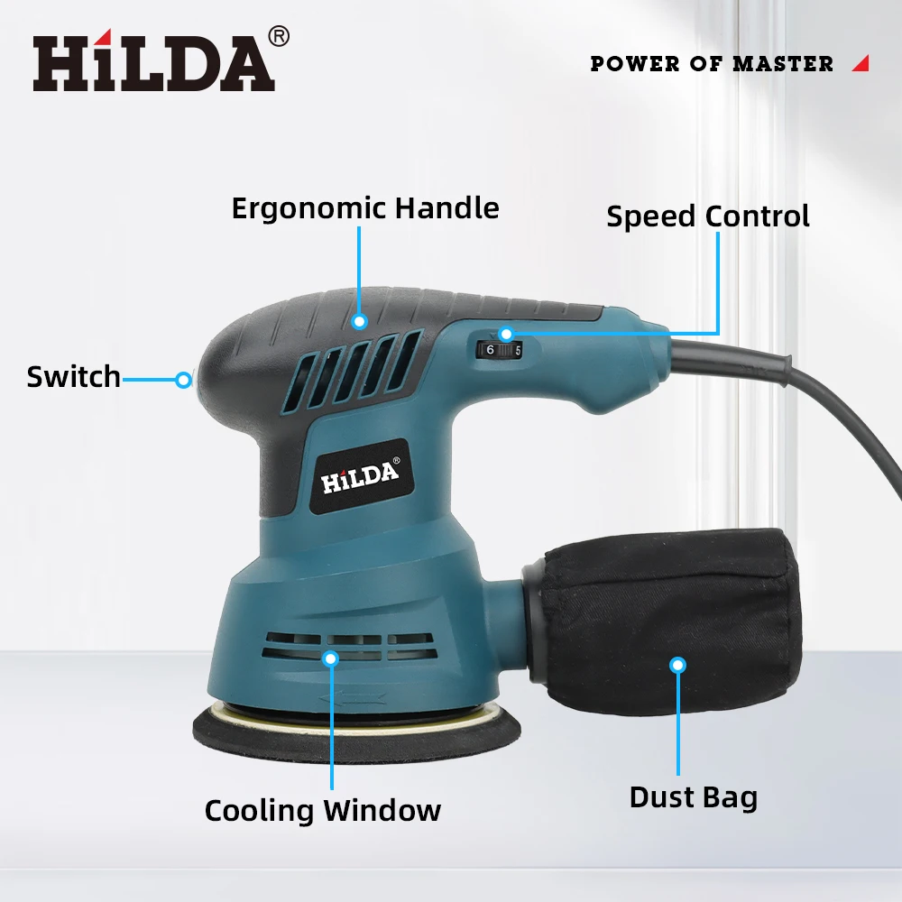 HILDA 300W Electric Eccentric Sander Car Polishing 13000RPM 6 Variable Speed Adjustment 5 Inch for Woodworking/Sanding