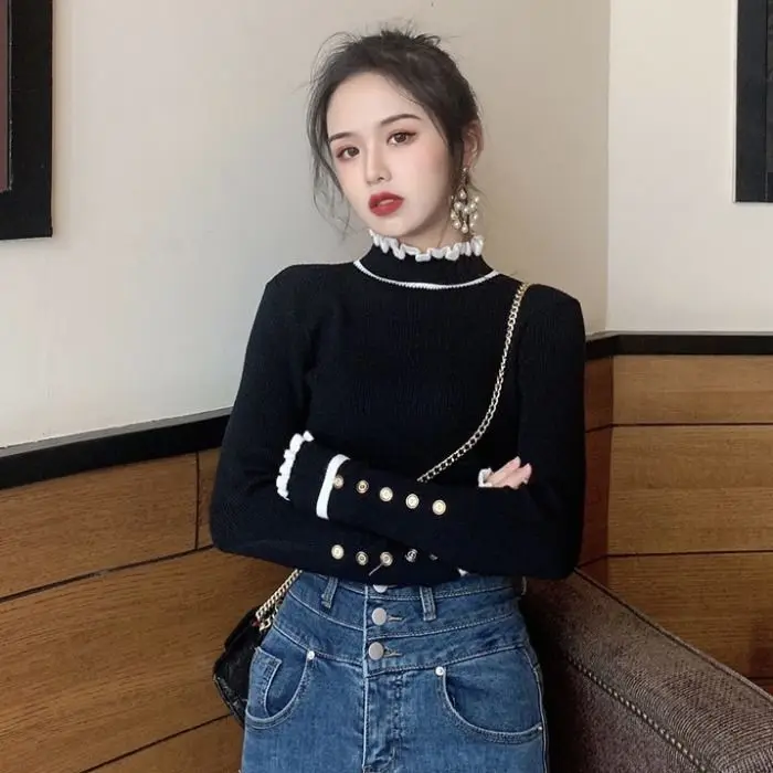 

Mock-neck Sweater Women Fashion 2023 New Women Knitted Pullovers Long Sleeve Bottoming Knitted Sweater Stringy Selvedge Y65