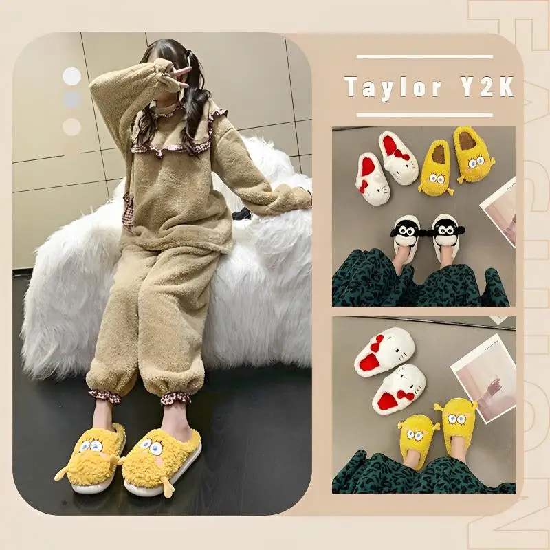 

2023 Sanrio Hello Kitty Plush Slippers Cartoon Animation SpongeBob Y2K Sweet Girl fashion Warm Comfortable Home Cotton Shoes