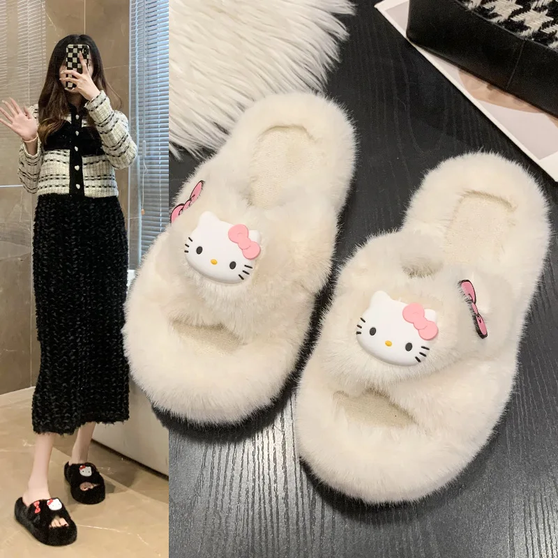 

Sanrio Cartoon Plush Slippers Hello Kitty Women Winter Home Warm Thick Sole Sandals Fashion Cute Sweet Girl Slippers Anti Slip
