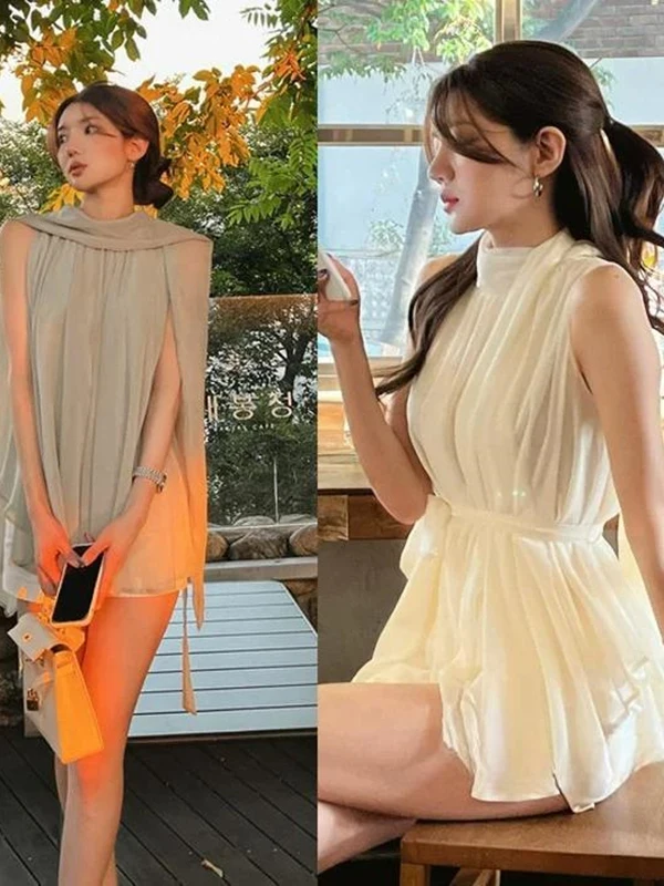 동대문 뉴 코리안 스타일 여성 민소매 허리 조절 섹시 시폰 탑 노트 네크라인 슬..