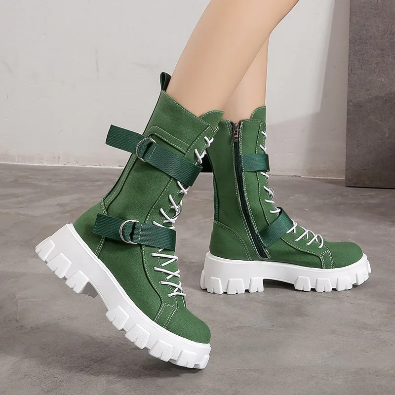 New Women's  Boots High Top Solid Color Platform Casual Shoes All-match Round Toe Lace-up Motorcycle Boots Bota De Inverno