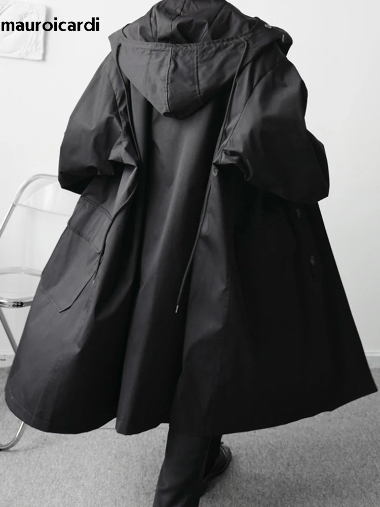 Mauroicardi Spring Autumn Long Black Khaki Oversized Trench Coat Men with Hood Pockets Loose Casual Windproof Windbreaker