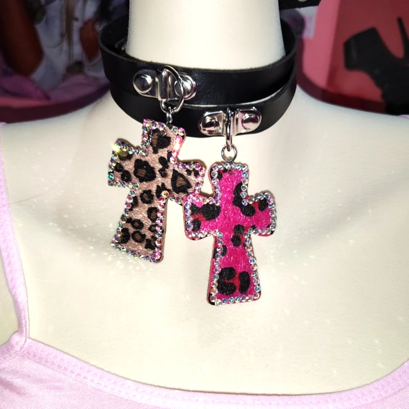 Y2K Accessories Leopard Print Cross Choker Sexy Pendant