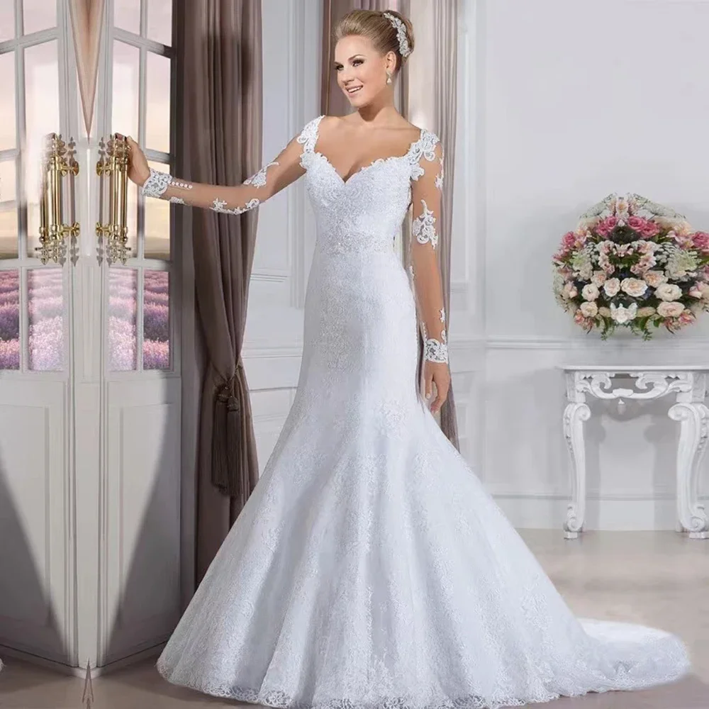 slim fit dress slacks BABARONI Spaghetti Straps Vintage Lace Mermaid Wedding Gowns-White, White / US0 main image 1