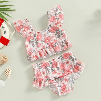 Costume da bagno per bambina con stampa floreale per bambina, set da spiaggia estivo, top con scollo all'americana, costume da bagno per piscina 1