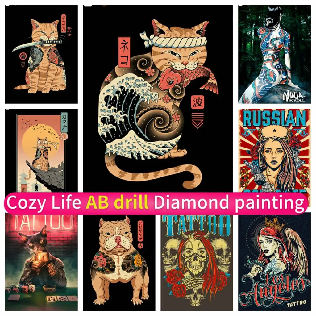

Mosaic DIY Art 5D AB Diamond Painting Tattooing Tattoo Cats Corss Stitch Kit Handmade Embroidery Rhinestones Full Drill Round