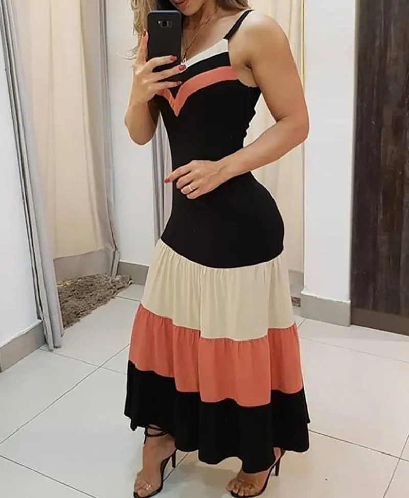 

Women's Dress 2024 Summer Latest European and American Temperation Commuting Solid Color Sexy Black Contrast Sling Long Skirt