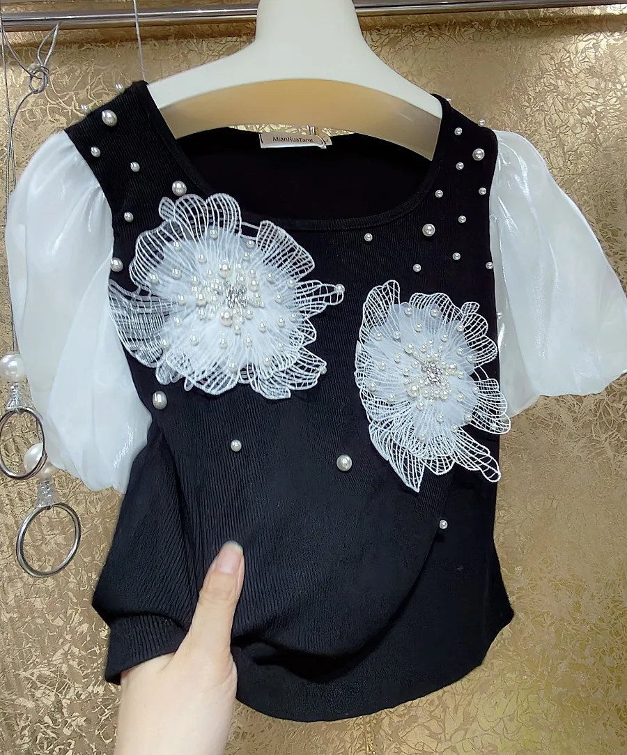 

2023 Summer Fashion Beading T-shirts Women Flower Lace Cotton Stitching Elastic Tops Tees