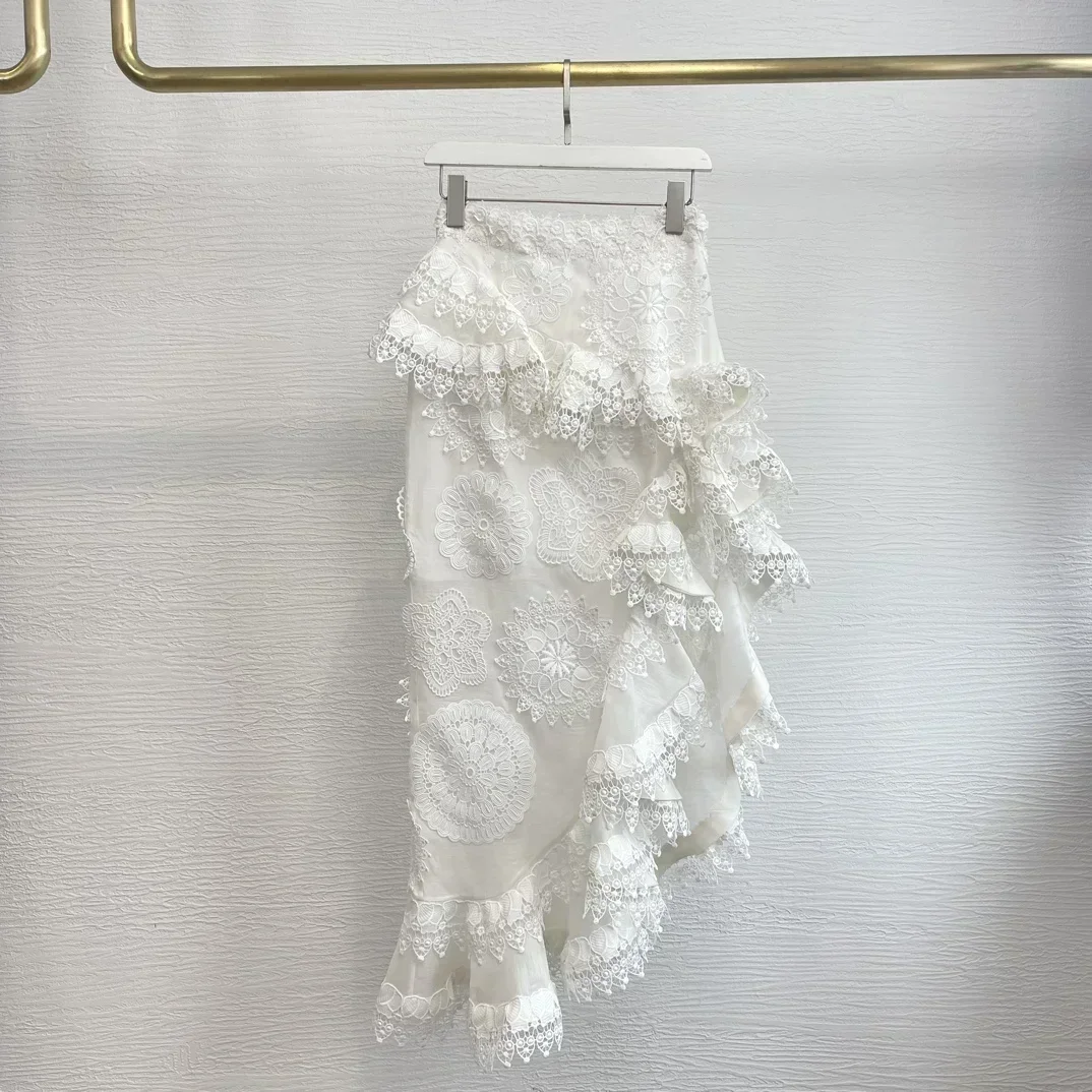 

White Hollow Out Embroidery Lace Patchwork Irregular Midi Skirt 2023 New High Quality Silk Linen Elegant Women Clothing