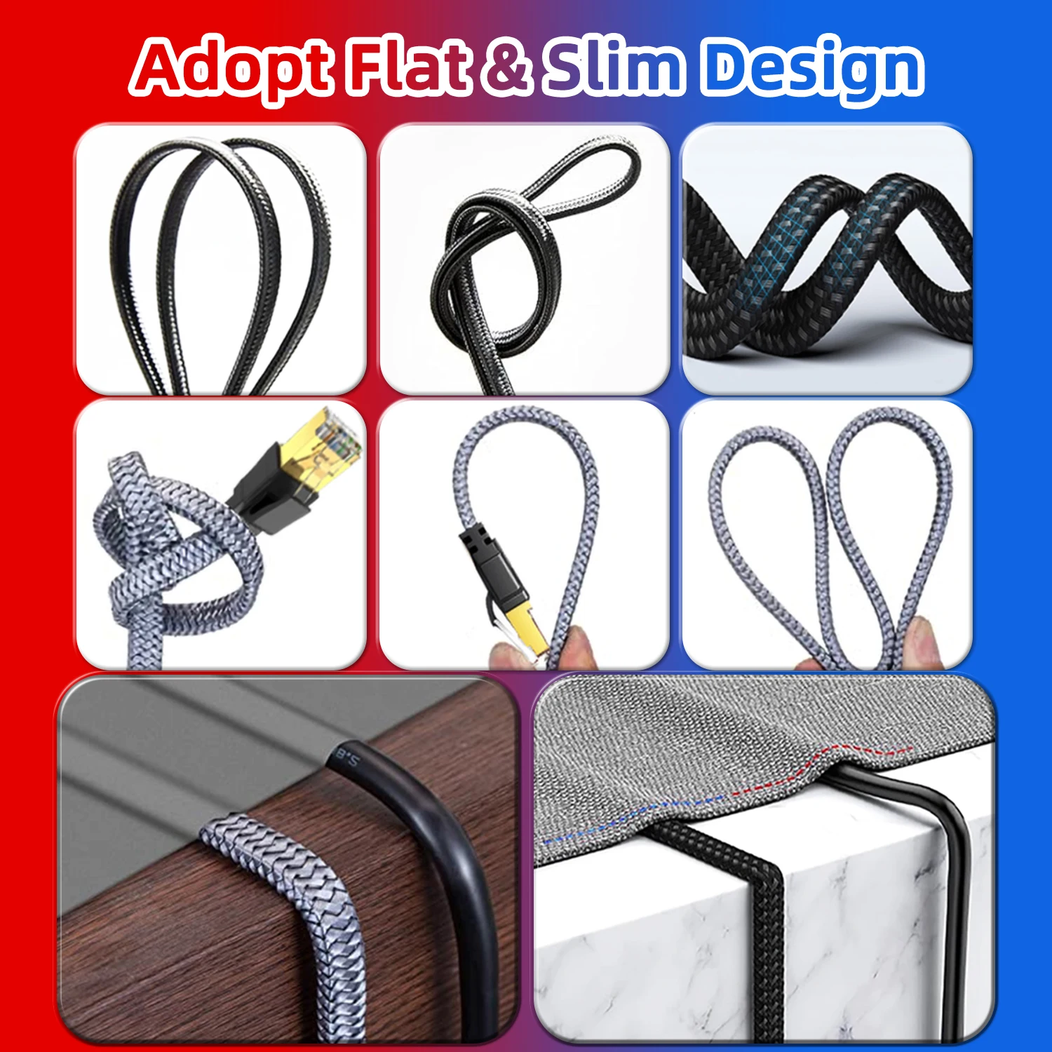 Premium High-Speed Nylon Braided Flat Ethernet Cable - CAT8, 40Gbps