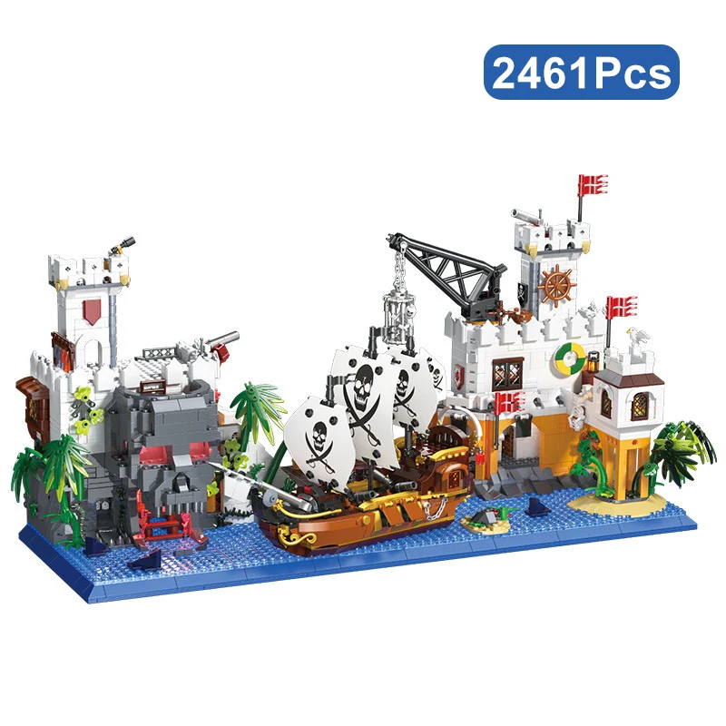 Creative 2461Pcs Pirate Bay Corsair Vessels Model Building Blocks City MOC Pirate Ship Street View Mini Bricks Toys For Kid Gift