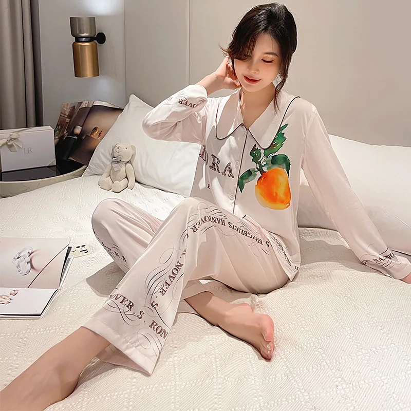 

Пижамный костюм с принтом, фруктовая Пижама, атласная пижама, ночная рубашка, Женский комплект для сна, рубашка и штаны из 2 предметов, нижнее белье, пижамы