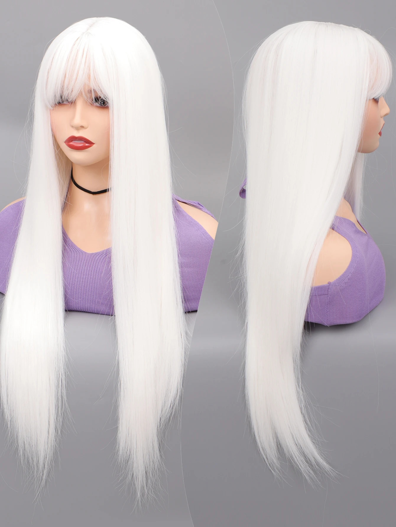 long Straight Wigs for Women with Bangs White Natural Synthetic Hair Wig Daily Cosplay Heat Resistant