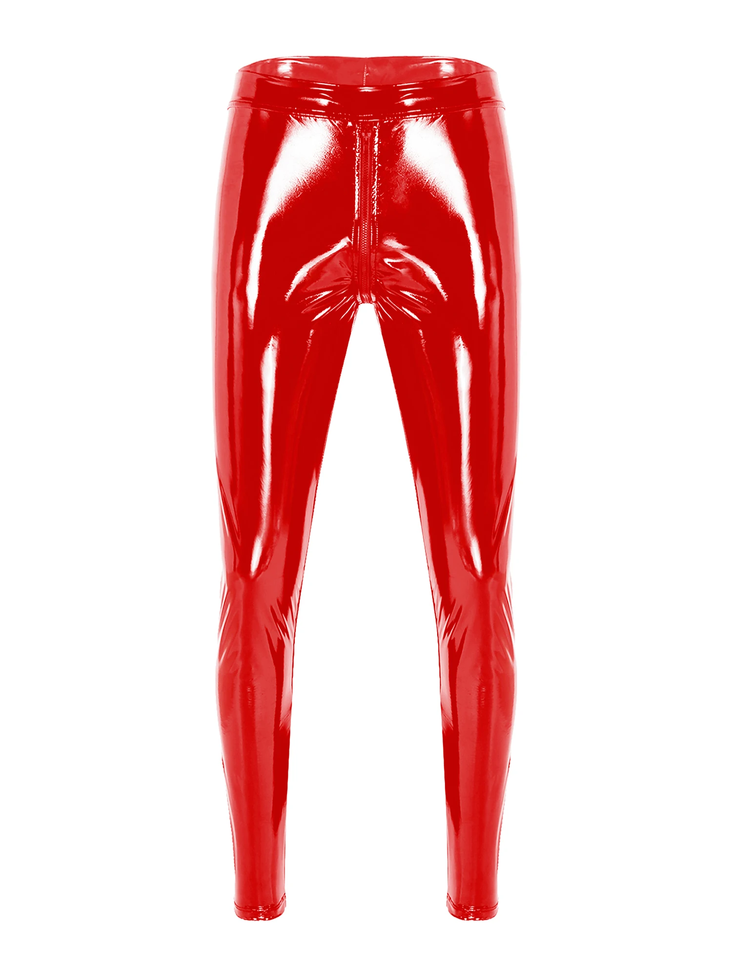 Mens Black Red Motorcycling Leggings Patent Leather Skinny Pants Two-way Zipper Crotch Trousers Wet Look Clubwear Leggings men trousers leather pants skinny pants