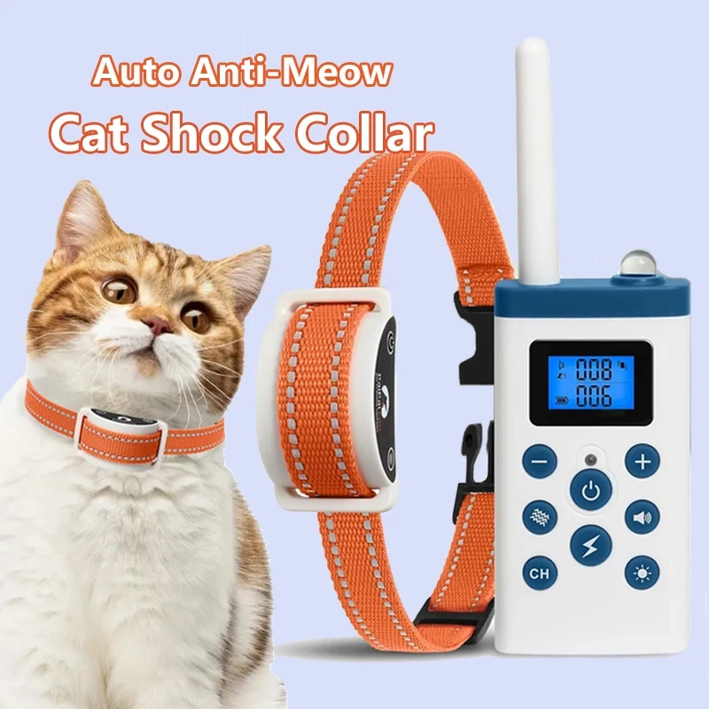 Cat Training Collar Cat Shock Collar with Remote 4 IN 1 Cat Training Collar with Auto Anti-Meow Beep Vibration Safety Shock 4 Modes for Cats