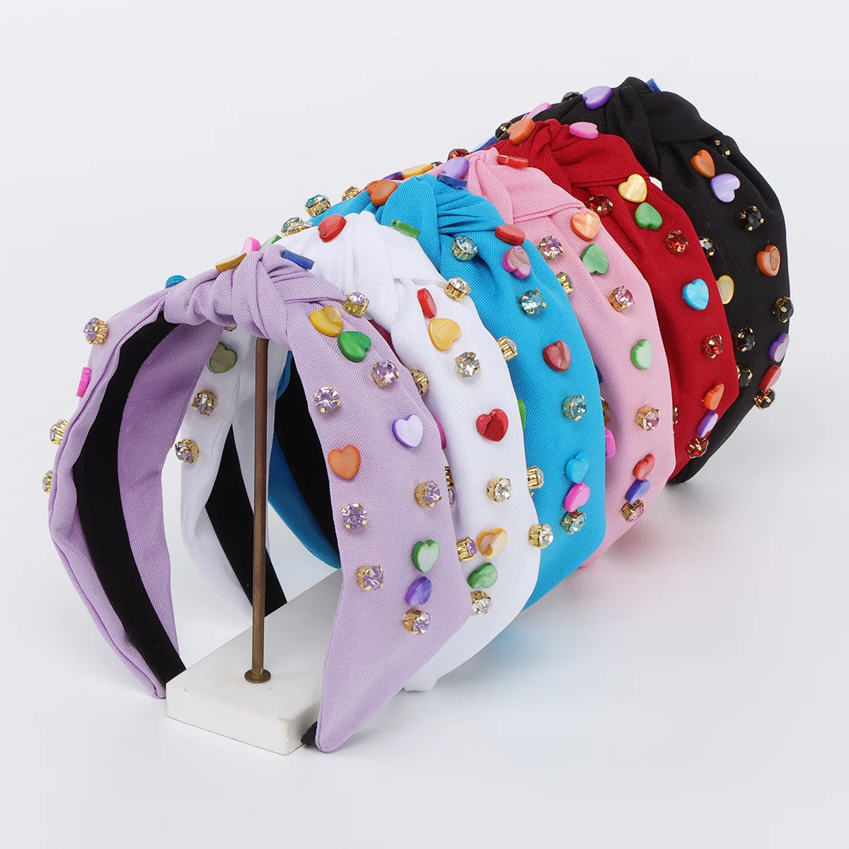 Top Knotted Colorful Heart Patch Rhinestones Decor No-Slip Hairband Hair Accessories Gifts For Women