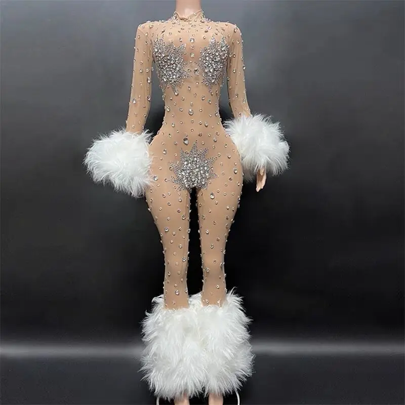 

Luxury Shining Diamonds Rhinestones Apricot Color Feathers Long Sleeve Sexy Bodycon Jumpsuit Evening Dress Singer Stage Costume