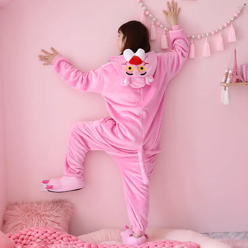 Unisex Adult Anime Onesie Sleepwear Animal Panther Cosplay Pajamas Teens Plush One Piece Christmas Halloween Cartoon Costume