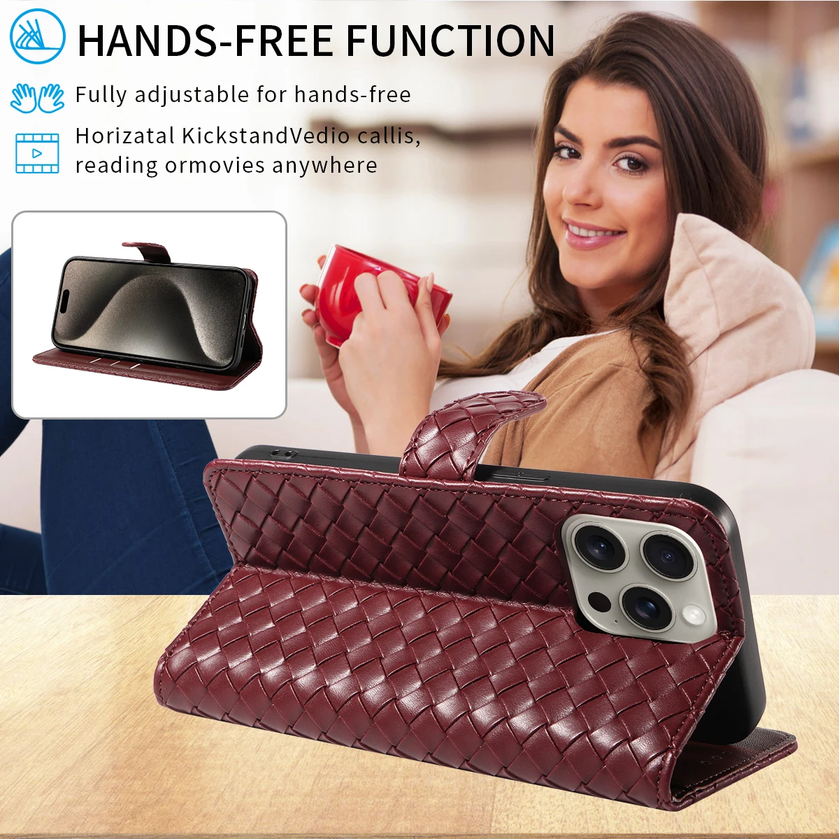 Woven Shockproof PU Leather Phone Case with Stand Cover
