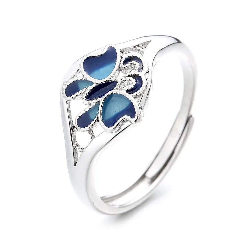 

657JM ZFSILVER Silver S925 Fashion Trendy Adjustable Luxury Retro Enamel Blue Butterfly Rings Girls Women Wedding Party Jewelry