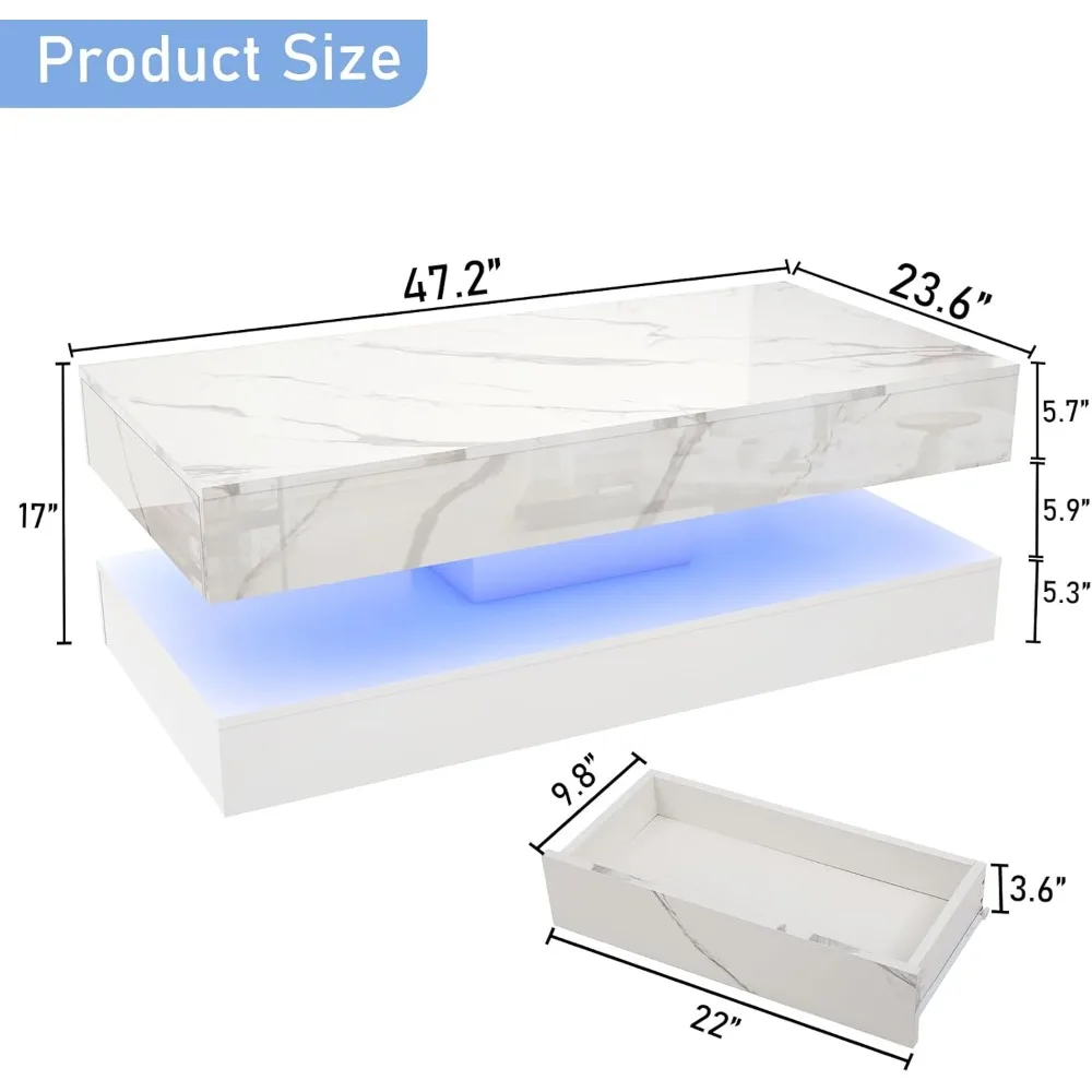 47.2 Large High-Glossy LED Coffee Table with 2 Sliding Drawers, Living Room Storage Coffee Tables with Marbling Print