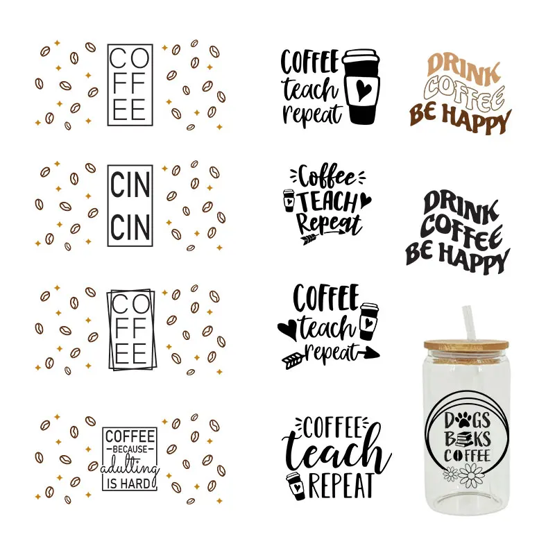 

Coffee Themed UV DTF Libbey Cup Wrap Iron On Transfer For Glass Stickers 16oz D608