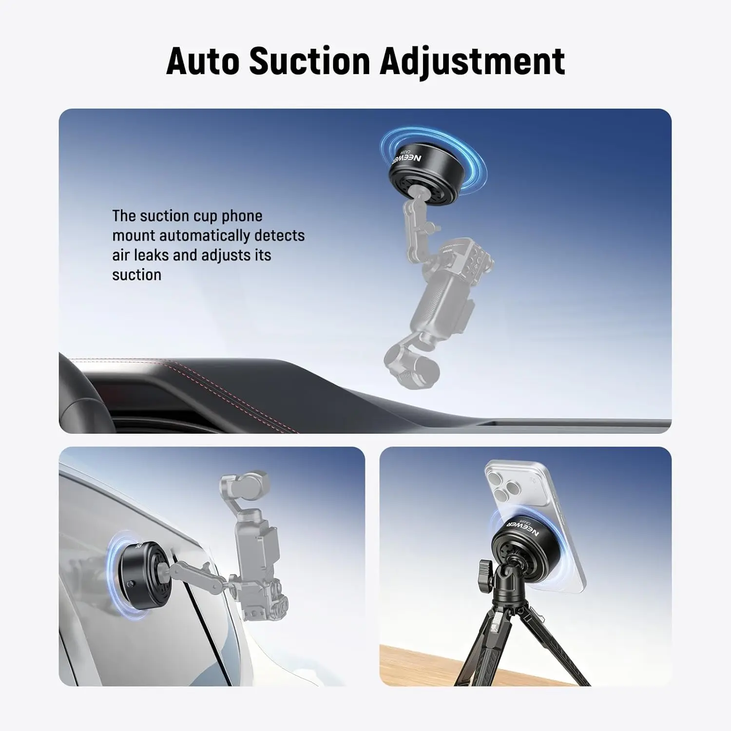 Electric Suction Cup Mount For iPhone GoPro DJI Insta360，with 1/4" Screw Holes f