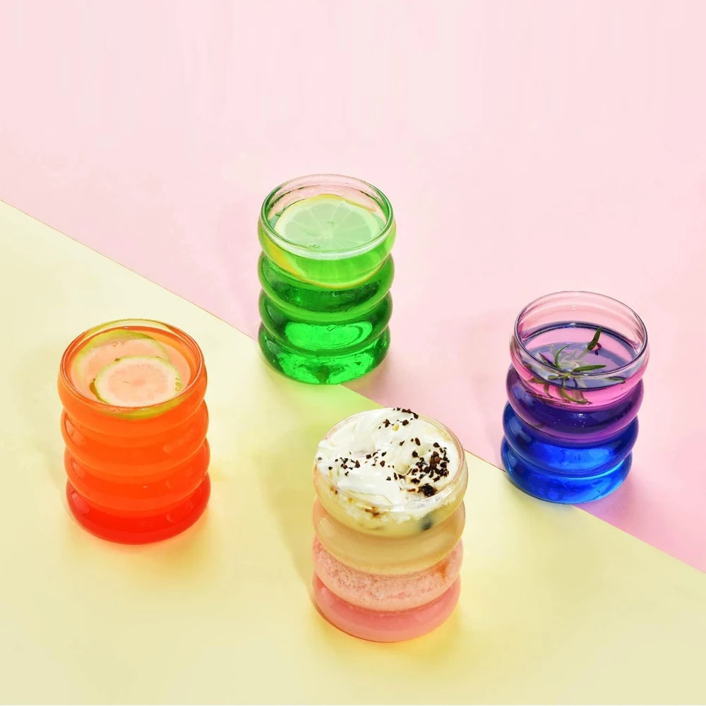 Wave Bubble Glass Set of 4 Iced American Coffee Cups Wave Bubble Glass Drink Cups for Cocktail Whiskey Bar Party 400/13 Oz coffee glass cup