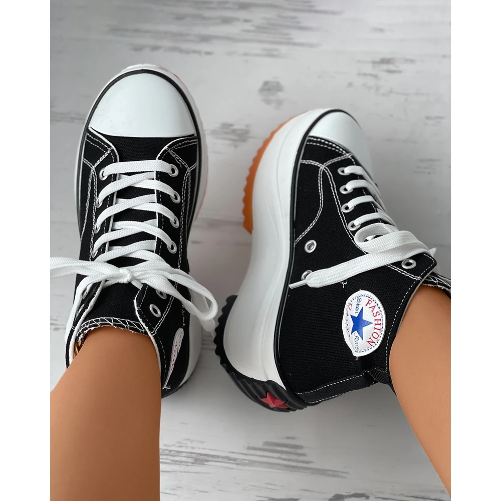 Women Eyelet Lace-up Platform Canvas High-top Sneakers Autumn Women Casual Daily Sports Shoes Korean Style Canvas Shoes Spring