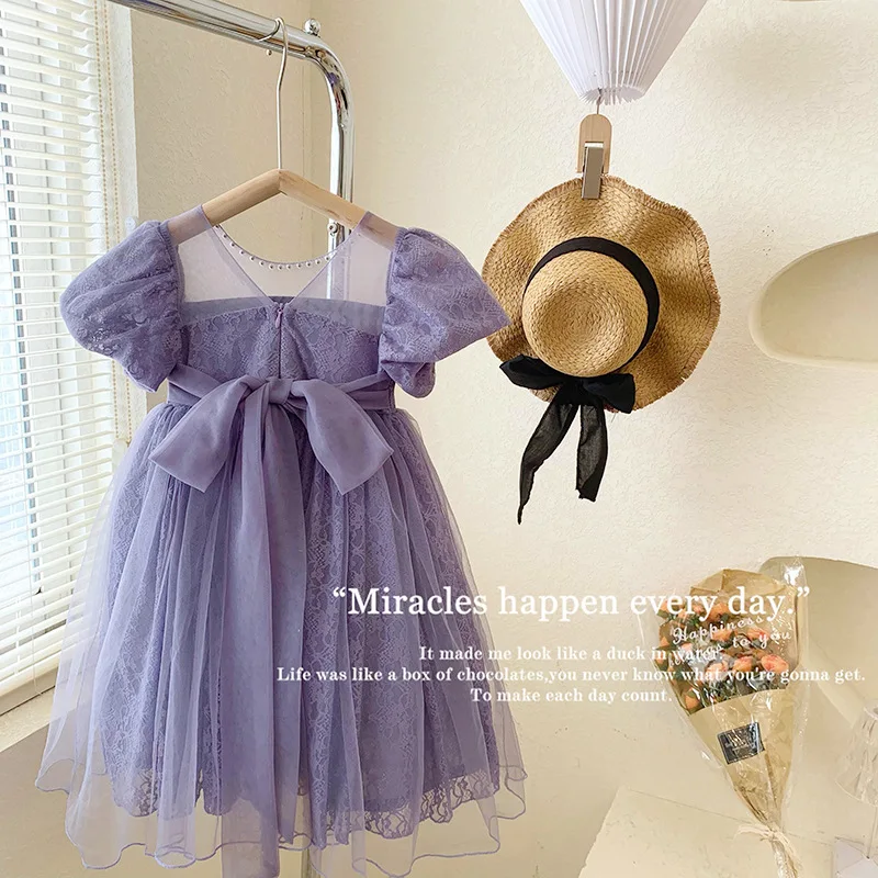 

Girls Party Dresses Korea Childrens Clothing Summer Bow Knot Princess Mesh Yarn Fluffy Puff Sleeve Square Collar Soild