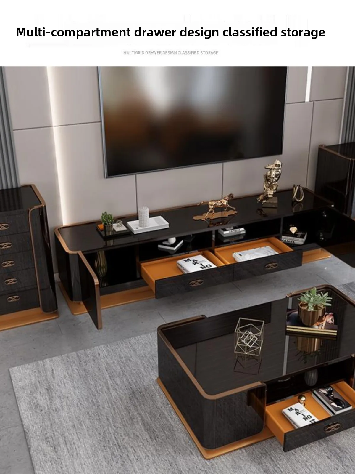 High-end light luxury furniture TV cabinet coffee table postmodern ebony grain paint living room luxury chest of drawers home