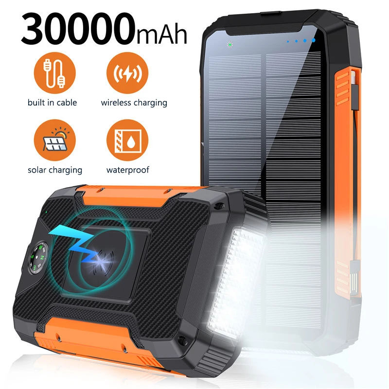 

Outdoor Solar Battery Power Bank 30000mAh Emergency Wireless Power Banks with 4 Lines Phone Charger For Xiaomi iPhone 15 14 13 X