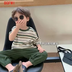 Fashion Baby Girl Boy Ice Silk Clothes Set Striped Tshirt+Pant 2PCS Infant Toddler Child Clothes Suit Summer Baby Clothes 1-7Y