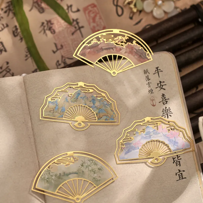 1 Pcs Chinese Style Metal bookmark Fan Shape Book Clip Metal Pagination Mark Student Gift Stationery School Office Supplies
