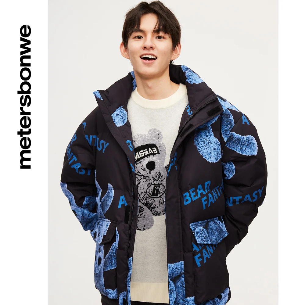 Metersbonwe Down Jacket Men Winter Warm Coat Couple Anti-snow Short Big Pocket Youth Printed Cartoon Down Coat Brand Outerwear