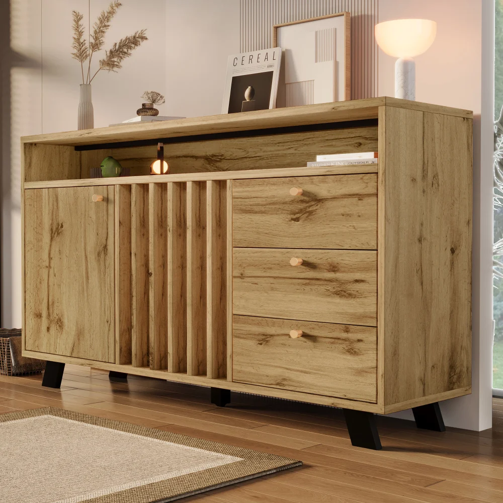 Sideboard, Kommode mit Schubladen und Türen, Aufbewahrungsschrank in Rattan-Optik mit verstellbaren Einsätzen, für das Wohnzimmer – Detail 33