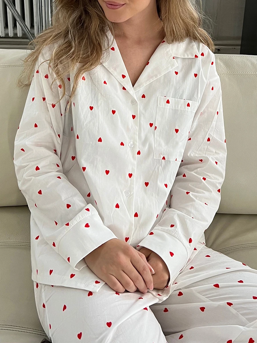 Women 2-Piece Pajama Set Long Sleeved Lapel Button Up Shirt Floral/Heart-Shaped Printed Long Pants Sleeved Casual Home Set