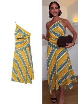 2026 Spring Summer Women's Vintage Asymmetric Maxi Dress Evening Gown Outfit Clothing Fashion Striped Slim Fit Party Long Dress 1