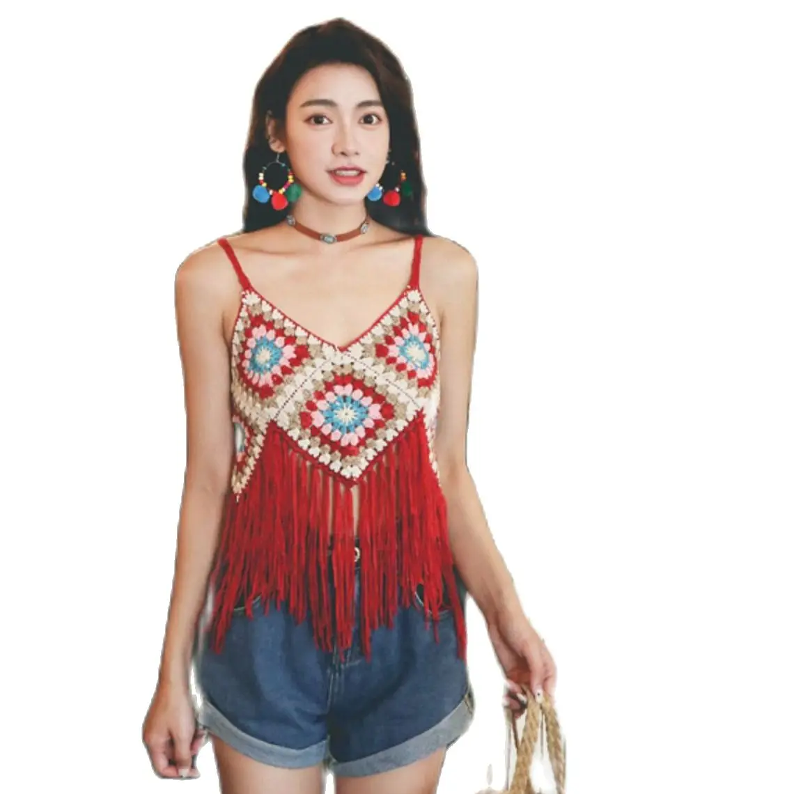 

2022 New Summer Manual Crochet Girls Singlet Hollowed with Tassels Ethnic Fashion Design Women Tops