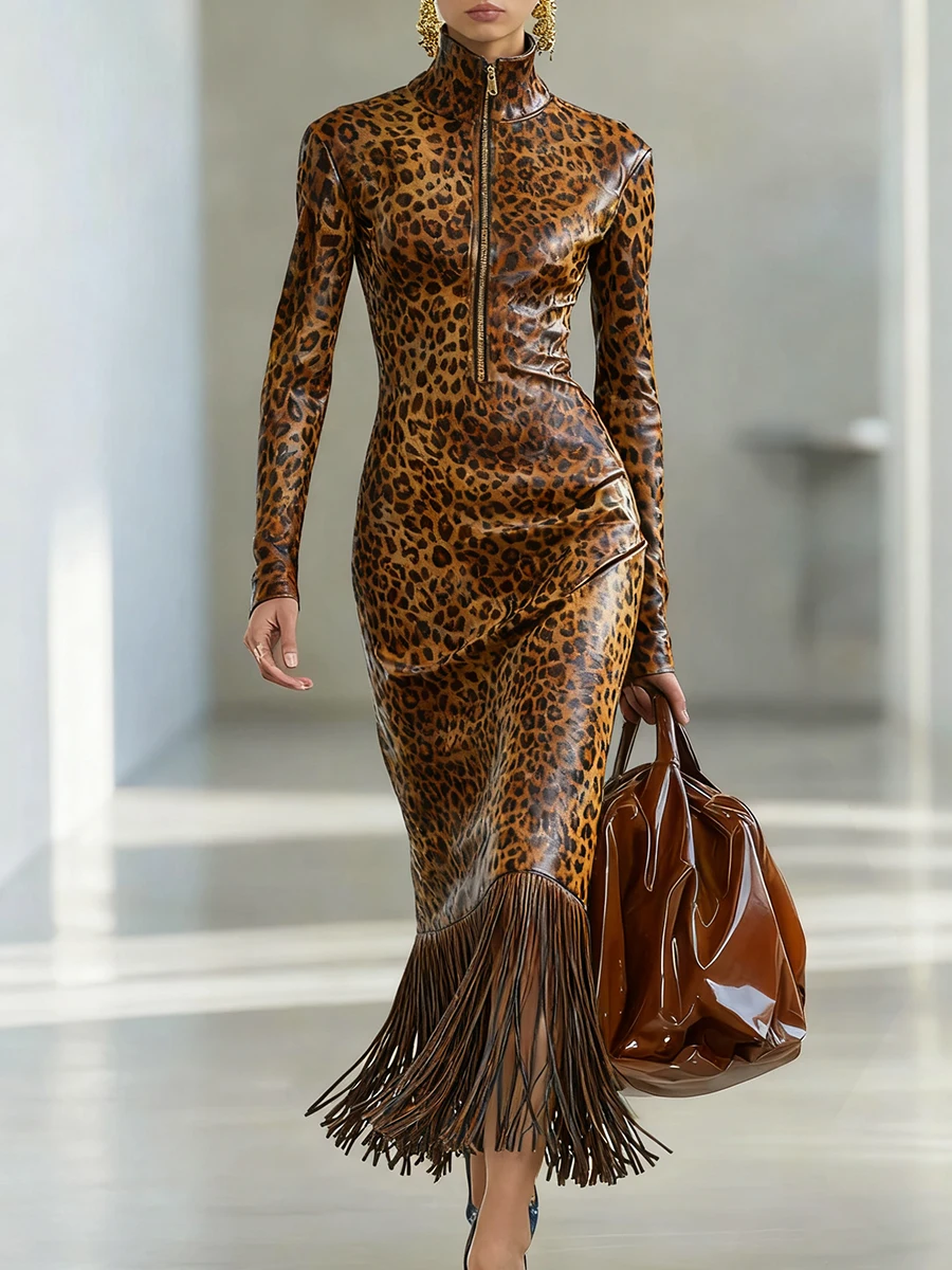 Leopard Print PU Leather Long Dress for Women Long Sleeves High Neck Fringe Hem Zipper Dress Elegant Autumn Bodycon Dresses