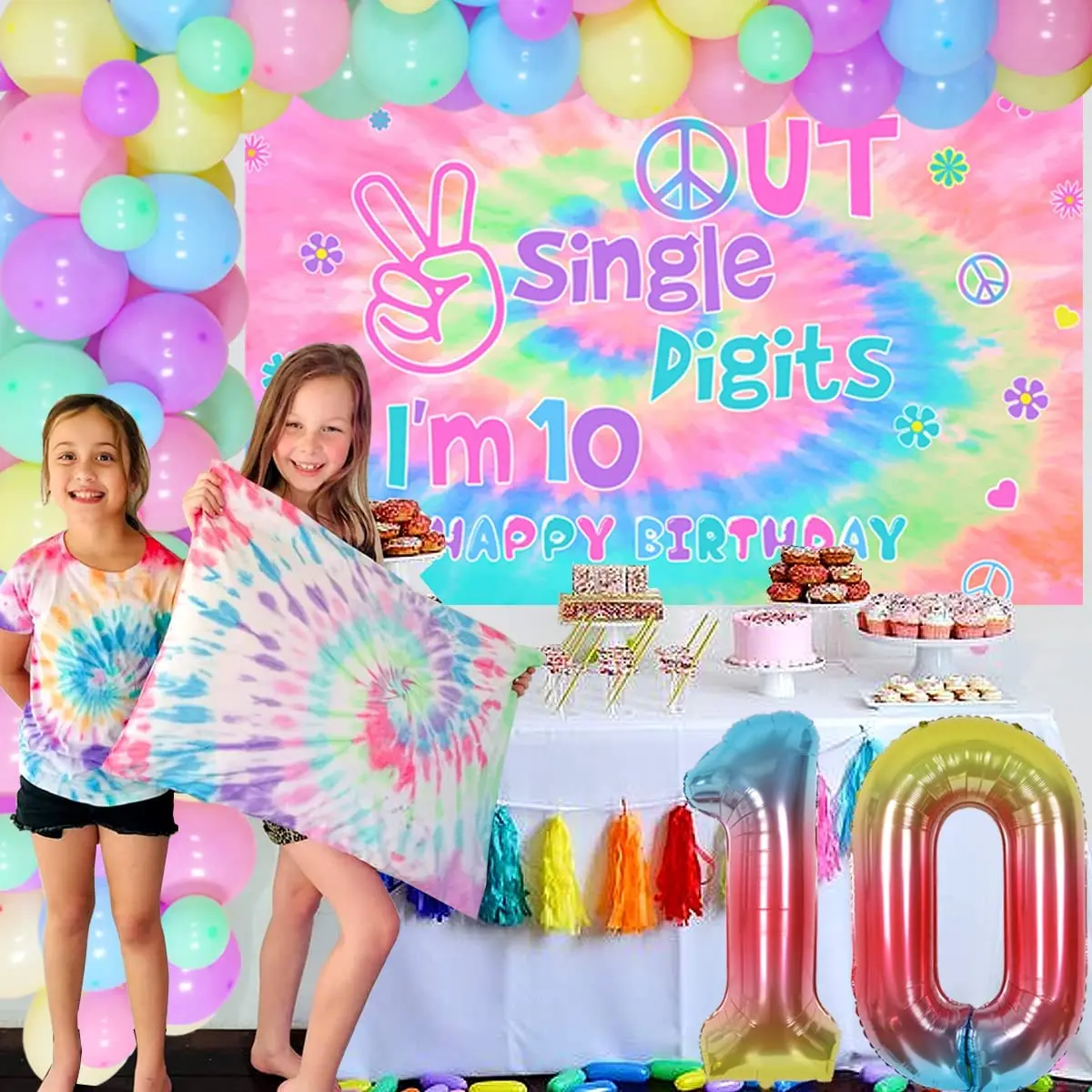 Cheereveal Tie Dye 10th Birthday Party Decorations for Girls Single Digits  Backdrop Hippie Theme Macaron Balloon Garland Kit