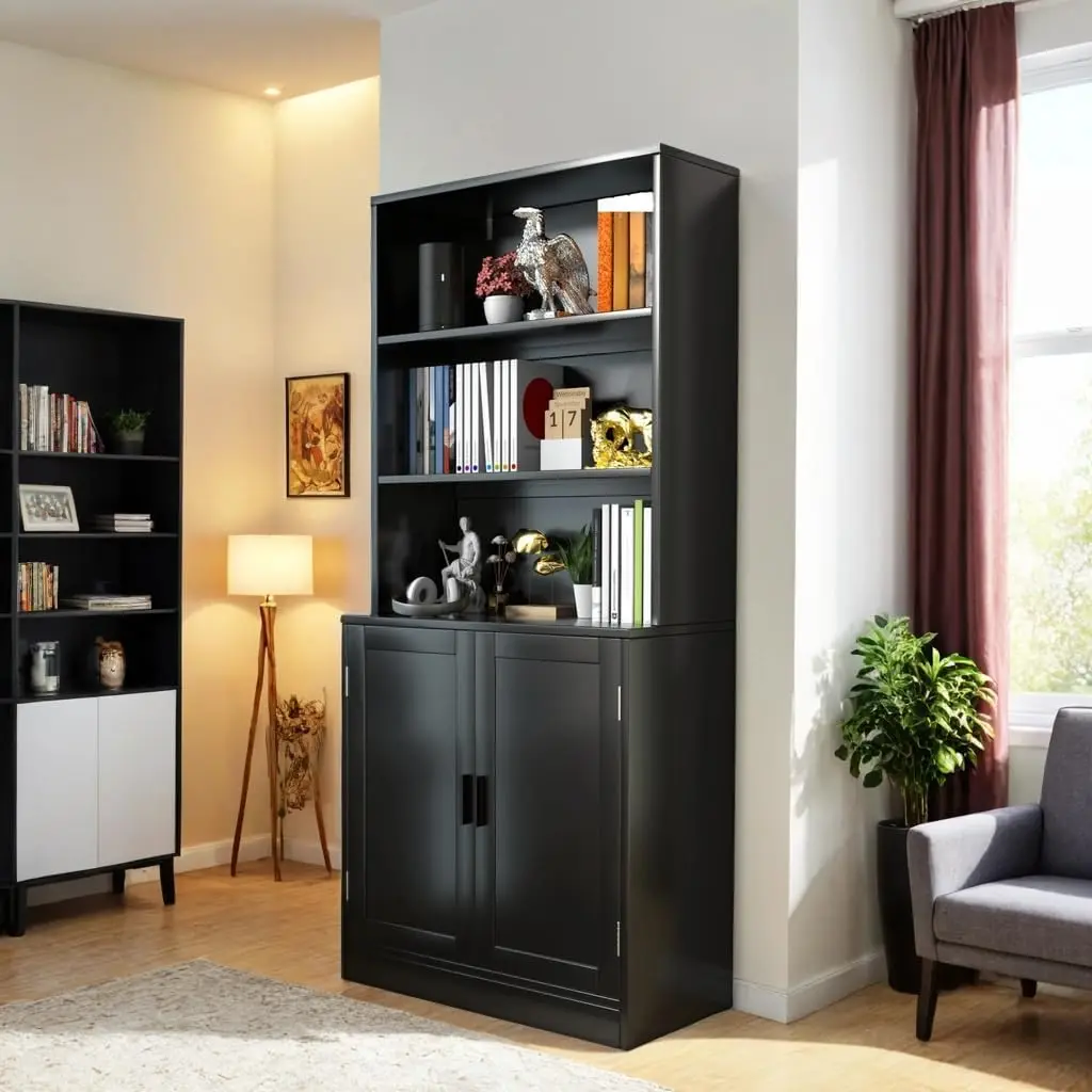 75" Tall Bookcase with Doors, 5 Tier Large Bookshelf with Cabinet, Standing Wood Display Book Shelf